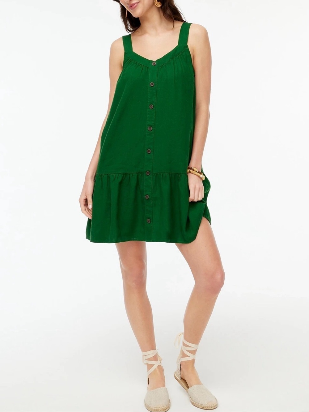 J.Crew Factory Linen Blend Button Front Tiered Mini Dress 10 Green